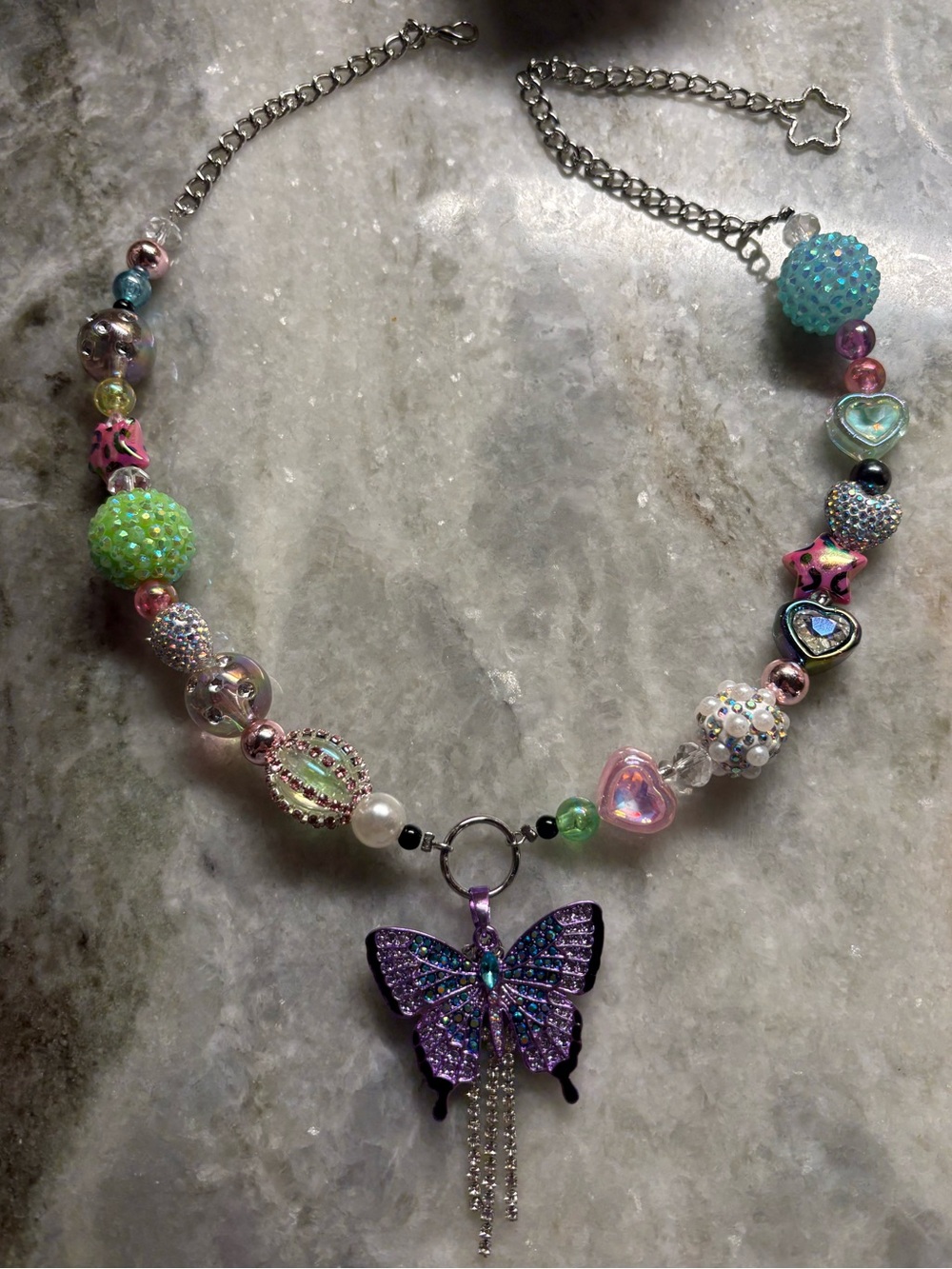 Whimsical Purple Butterfly Beaded Necklace with Pastel Accents